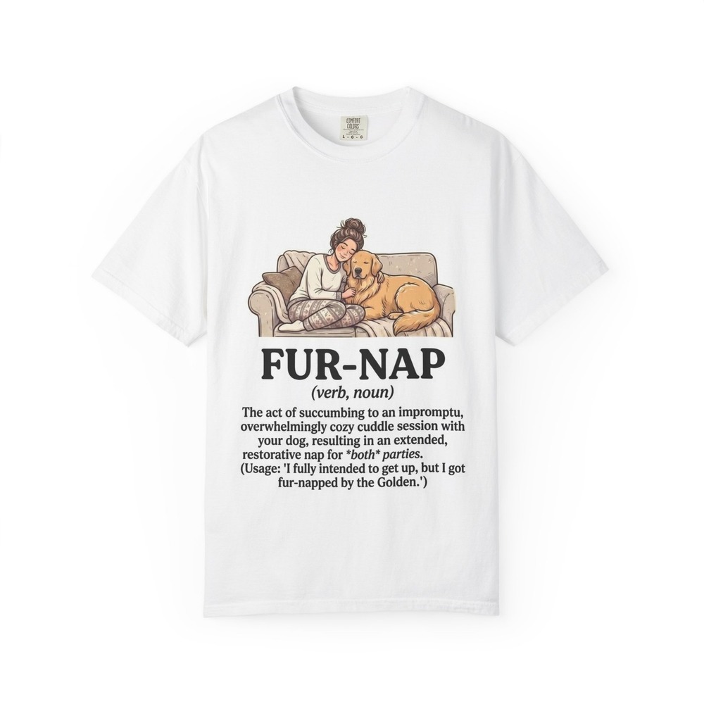 Fur-Nap Definition T-Shirt | Woman Napping with Golden Retriever Illustration